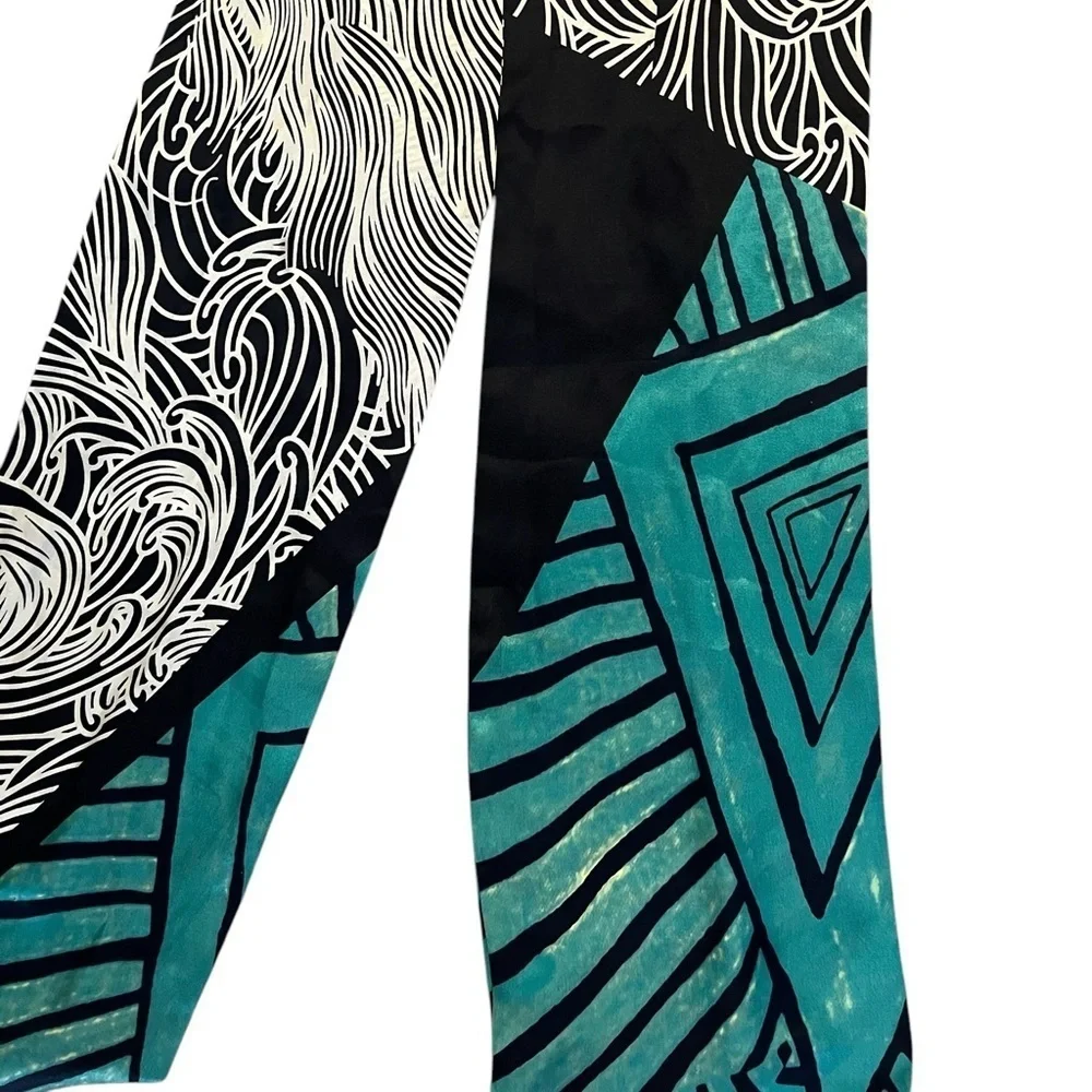 Gorgeous black, green & ivory geometric pattern 2-layer pointed end silk scarf